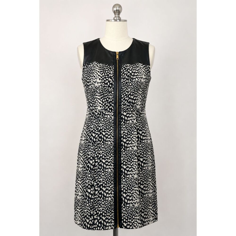 Vince Camuto Sleeveless Dress Size 10P Black White Animal Print Faux Leather